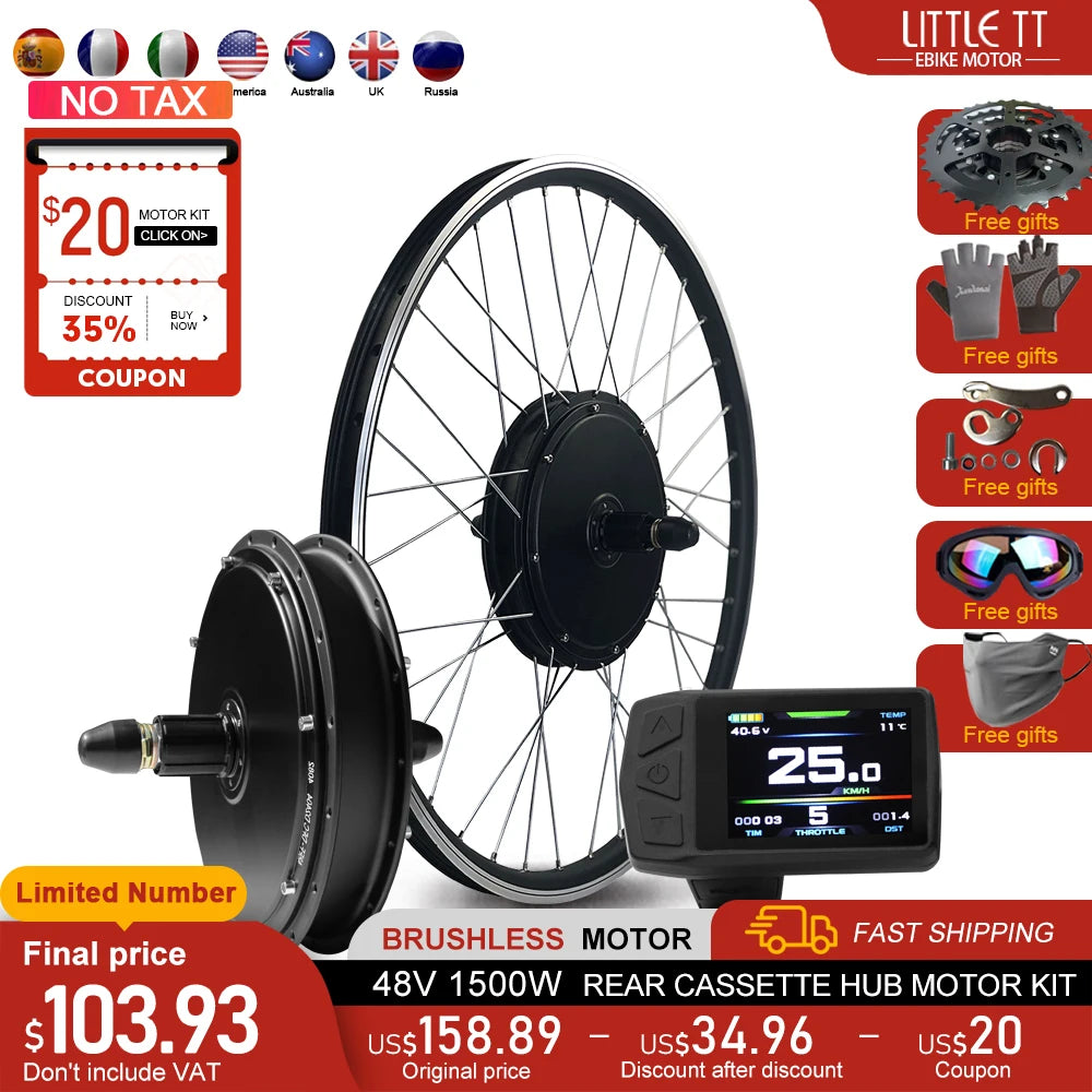 48V 1500W Brushless Rear Cassette Hub Motor E-Bike Conversion Kit – 20-29" 700C Wheel