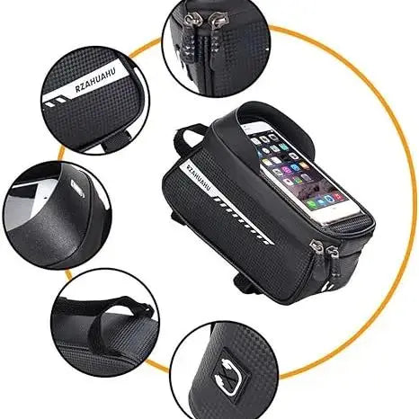 Waterproof Bike Front Frame Bag for Ebike & Mountain Bicycle, TPU Touch Screen Phone Pocket, Large Storage Bag Fits 6.5'' Phone.