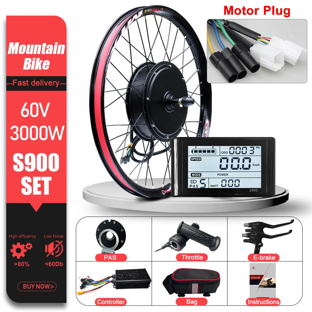 60V 3000W E-Bike Conversion Kit – 26-29" 700C Rear Brushless Hub Motor Wheel with UKC1 Display