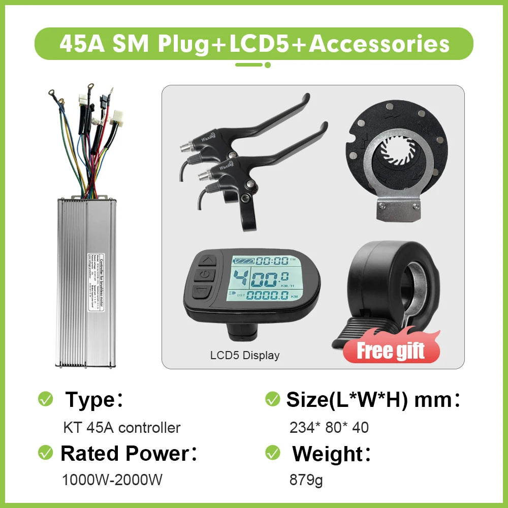 Electric Bike Sine Wave 36V/48V/52V 45A KT Controller with LCD Ddisplay For Ebike Conversion Kit Compatible1000W-2000W Motor