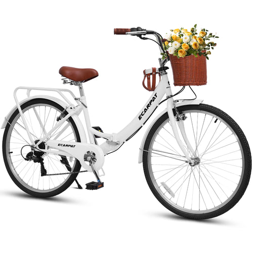 26 Inch Folding Beach Cruiser Bike for Women, 7 Speed Comfortable City Bike with Rear Rack, Cup Holder and Basket, Steel Frame Commuter Foldable Bicycle with Dual V-Brakes for Adults