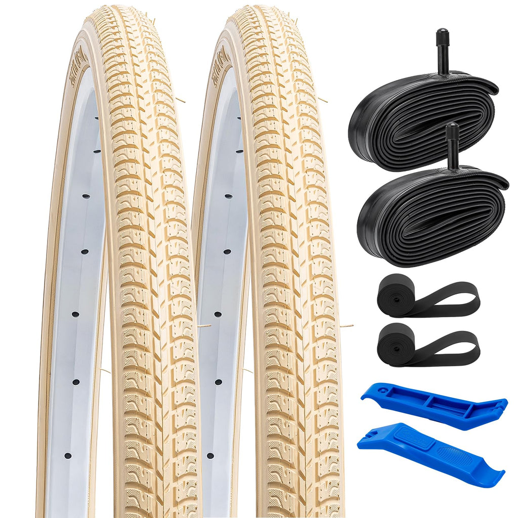 YUNSCM 2-PCS 26x1 3/8 (37-590) Beige Bike Tires and 26x1 3/8" Heavy Duty Bike Tubes Schrader Valve with 2 Rim Strips Compatible with 26 x 1 3/8 26x1 3-8 Bike Bicycle Tires and Tubes (Y-1072)