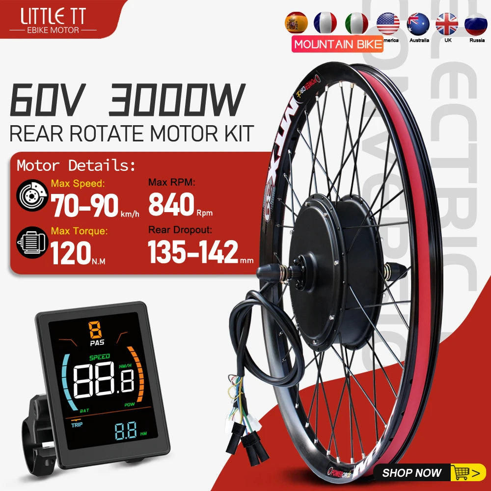 60V 3000W E-Bike Conversion Kit – 26-29" 700C Rear Brushless Hub Motor Wheel with UKC1 Display